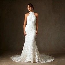 Mermaid Wedding Dress Halter Neck Sleeveless Lace Zipper Floor Length Train Gown