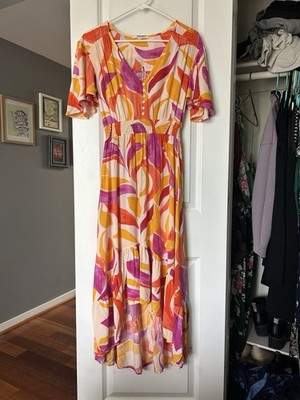 Abel the Label Anthropologie Swish Hi Lo Dress Smock Waist Size Medium Abstract