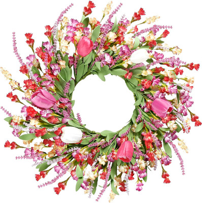 22 Inch Spring Summer Front Door Wreath with Colorful Tulips Lavender Mixed