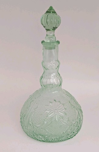 Vtg Indiana Glass Co Tiara Chantilly Green Sandwich Glass Wine Decanter 5pc Set - Picture 3 of 24