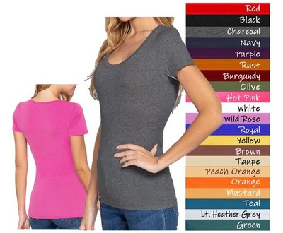 (ACTIVE BASIC) Sexy Scoop Neck Short Sleeve T Shirt Stretch Cotton Tee (S-2X)