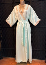 Vintage 70s MISS ELAINE DRESSING ROBE Medium Petite AQUA BLUE Lace Maxi Pleated