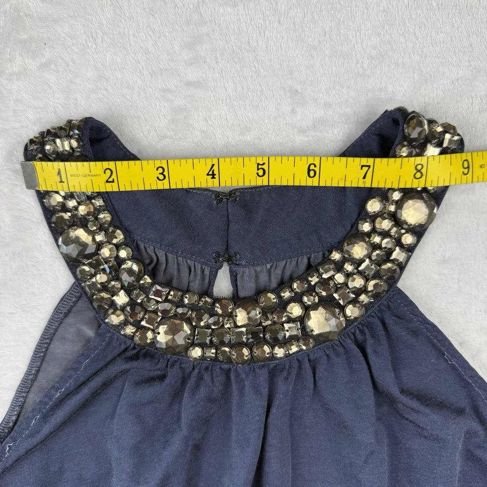 Velvet Brand Tunic Top S Navy Jeweled Neck Rayon Cotton Belt Loops Oversized - Image 3 of 4