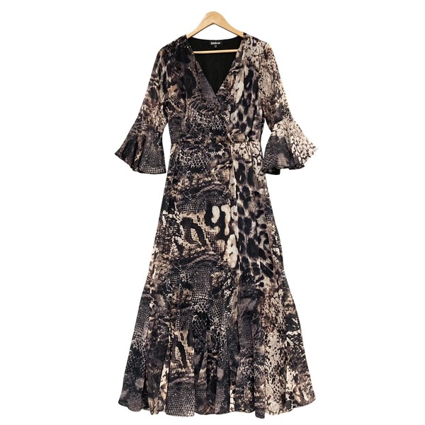 Kaleidoscope Dress Womens 40 Brown Animal Print Chiffon Wrap Maxi 3/4 Sleeve