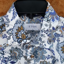 ETON Dress Shirt Mens 15.5 39 White Blue Tan Floral Paisley Slim Fit 280