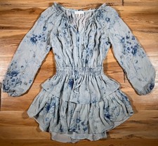 Love Shack Fancy Dusty Blue Floral 100% Silk Popover Tiered Mini Dress XS