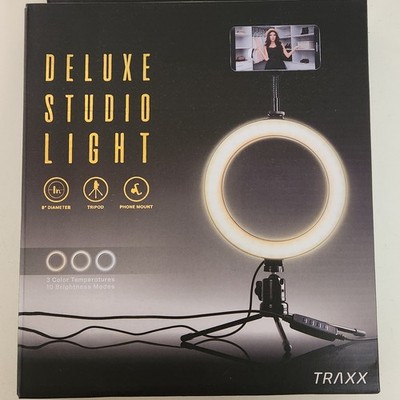 NIB Traxx 8 Inch Deluxe Studio Ring Light + Phone Mount & Tripod 3 Color Temps