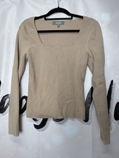 Marled by Reunited Ribbed Square Neck Long Sleeve Sweater Tan Large Basics Y2K