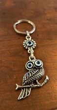 Metal Silver Tone Owl Key Chain Holder Blue Eyes Key Ring