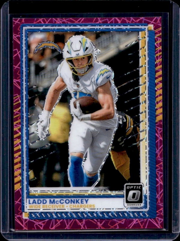 2025 Panini Donruss Optic Ladd McConkey Pink Velocity Prizm #/99 Chargers