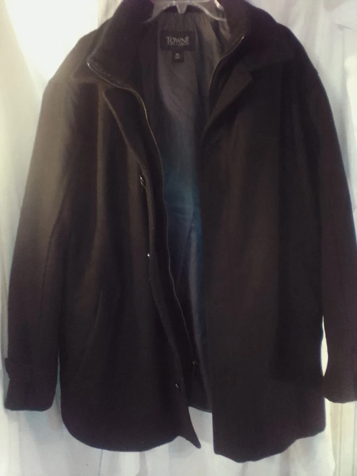 Chaqueta Towne By London Fog Peacoat Hombres XLG Negra Lana Doble Pecho Cremallera N Botón Foto 3 de 4