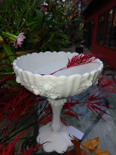 Vintage Fenton Milk Glass Cabbage Rose Compote Pedestal Dish 7.5 in Tall White