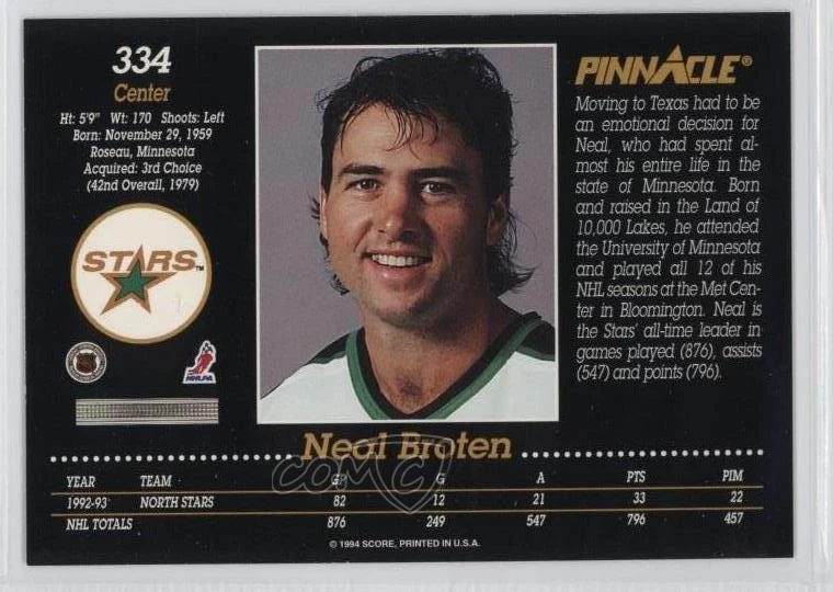 1993-94 Pinnacle Neal Broten #334 - Image 2 of 2