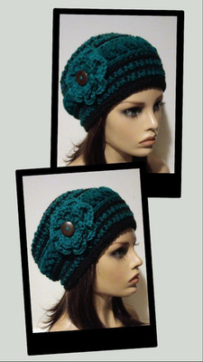 crochet handmade womans flower hat beanie deep teal blue puffs