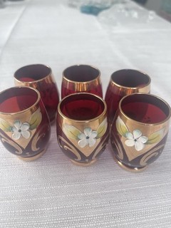 6 Bohemian Czech Glass Ruby Red Gold Overlay Blue Enameled Flower Shot Glasses
