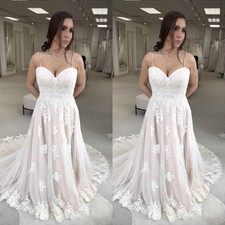 Blush Pink Wedding Dresses Spaghetti Straps Lace Applique A Line Bridal Gown