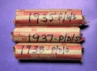 3 Lincoln Wheat Cent Rolls; 1936, 1937, 1938--All Philadelphia Mint!!   (3678P)