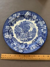 ENOCH WOODS WOOD & SONS BLUE TRANSFERWARE HORSE VILLAGE FLOWERS ENGLISH PLATE