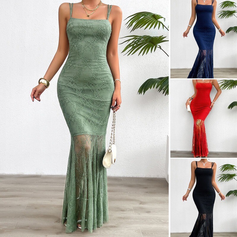 Women Lace Fishtail Dress Slip Spaghetti Strap Bodycon Cami Maxi Party  Evening | eBay