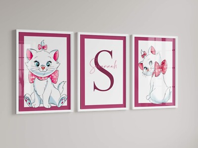 3er Set personalisierte Marie Katze Kinderzimmer Dekor, Kinderzimmer Wandkunst, Drucke, rosa