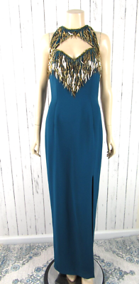 teal and gold sequin dress Gothic Teal Blue and Gold Sequin Evening Gown with Draped Train - Strapless Glitter Dress main image 1