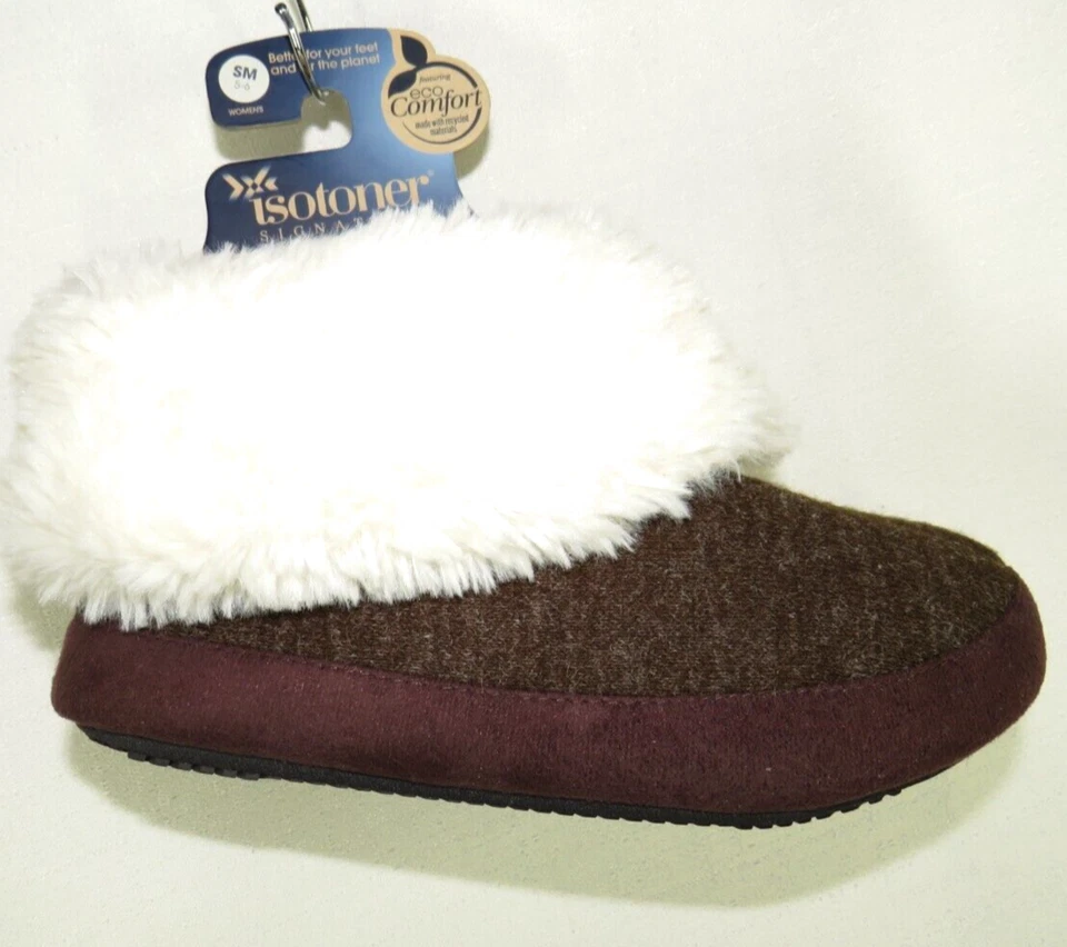 Chinelos femininos Isotoner marrom pele sintética aparada botas de espuma com memória tamanho P - Imagem 2 de 4