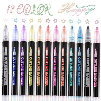 Shimmer Marker Set 12 Colors Double Line Outline Pens Metallic with Self-Outline