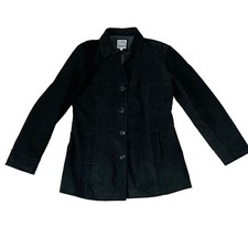 Vintage Y2k Etam Black Real Suede Leather Heavy Ladies Coat Jacket 14