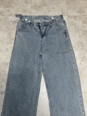 Vintage light blue wide straight denim jeans extra silver button