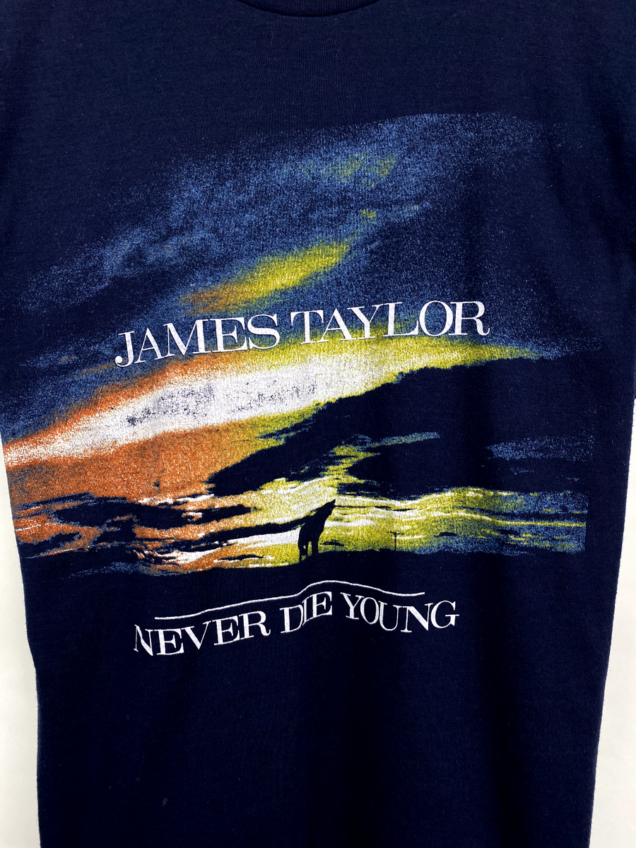 Vintage 80s James Taylor Never Die Young T-shirt Rare Retro size M