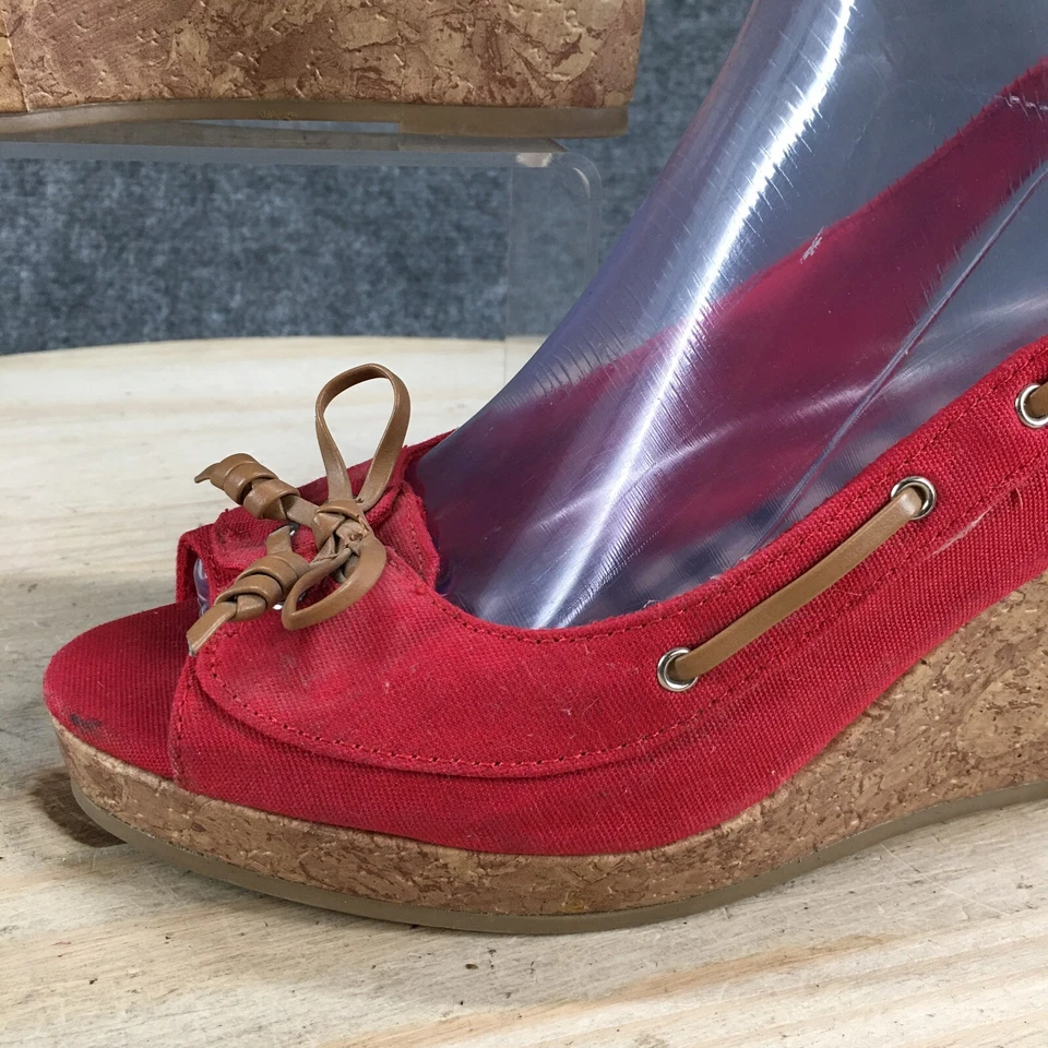 Dexter 凉鞋女式 9 软木露跟楔形高跟鞋一脚蹬红色面料露趾 — 第 4/4 张图片