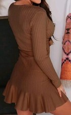 VIMPUNEC Fall Tie Waist Sweater Dress Elegant V-Neck Wrap Sweater Dress Brown M