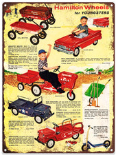 1960 Hamilton Pedal Car Tractor Fire Truck Ad Baked Metal Repro Sign 9x12 60131