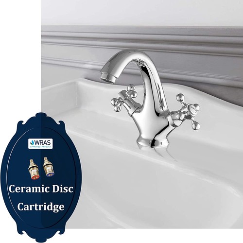Victorian Basin Mixer Taps Chrome Brass Cross Handle Bathroom Sink Taps - Picture 3 of 13