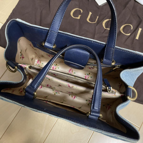 GUCCI GG Marmont Light Blue Denim Leather Pearls Shoulder Bag Tote