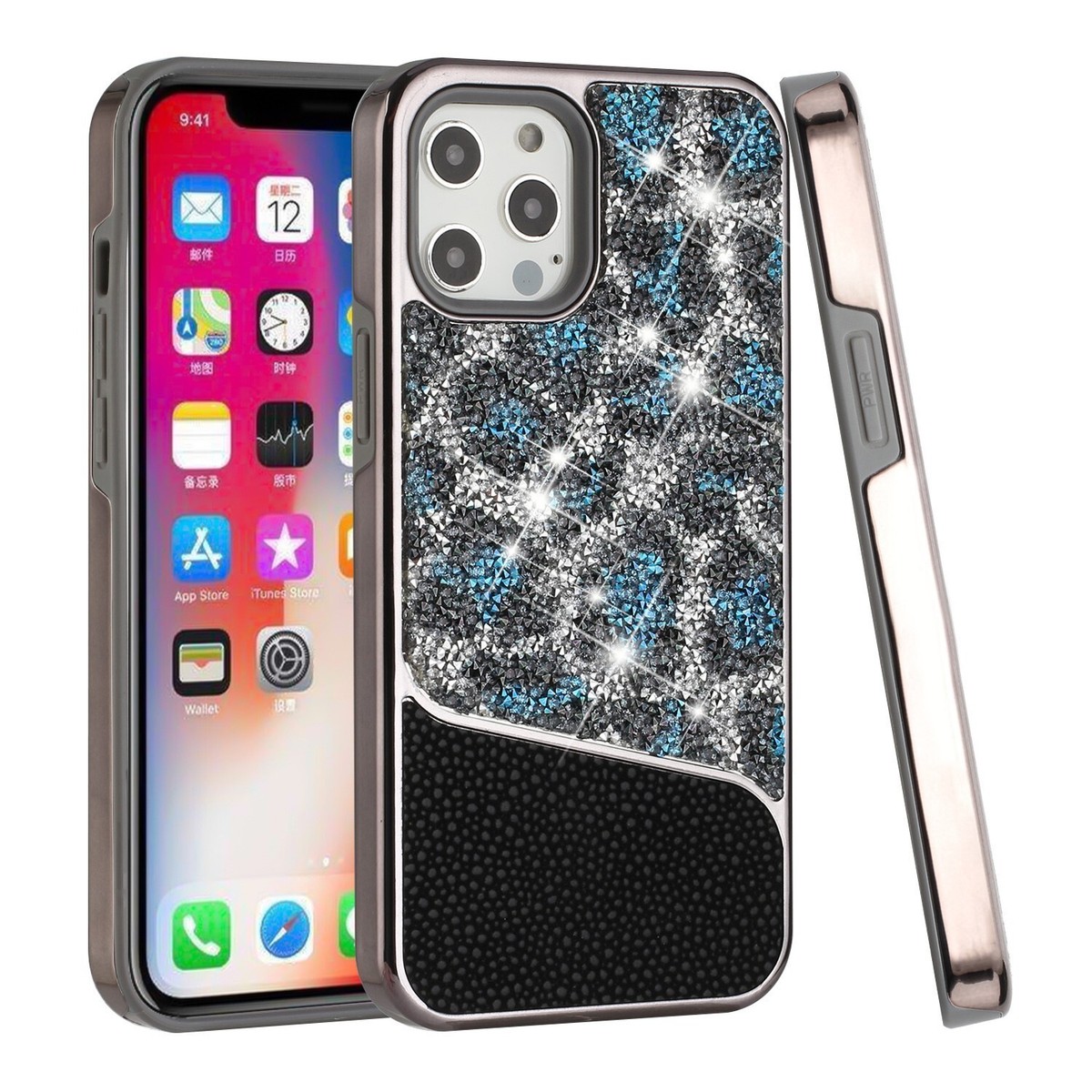 iPhone 14 Case Blue Leopard Print Design Bling Rhinestone