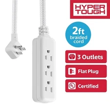 Flat Plug Extension Cord 2 Feet Braided Cable 3 Outlet Grounded Power Strip for