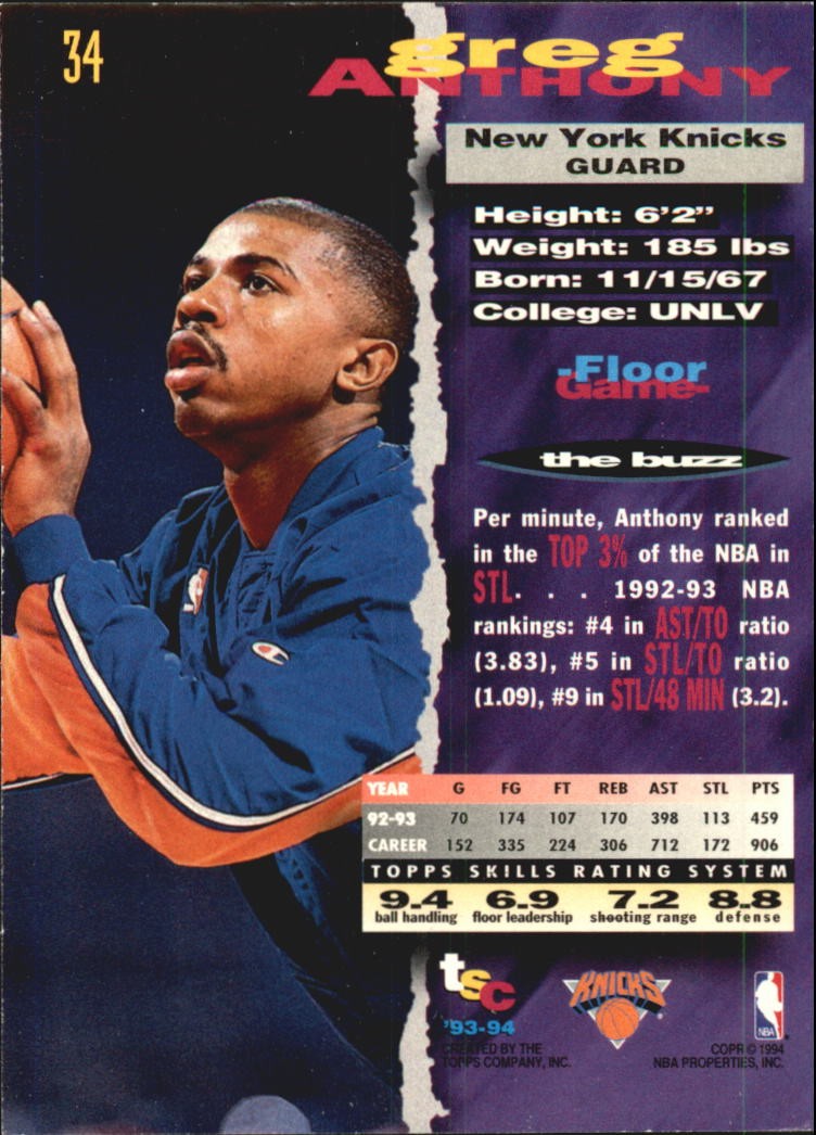 1993-94 Stadium Club Super Teams Division Winners #K34 Greg Anthony - BSK