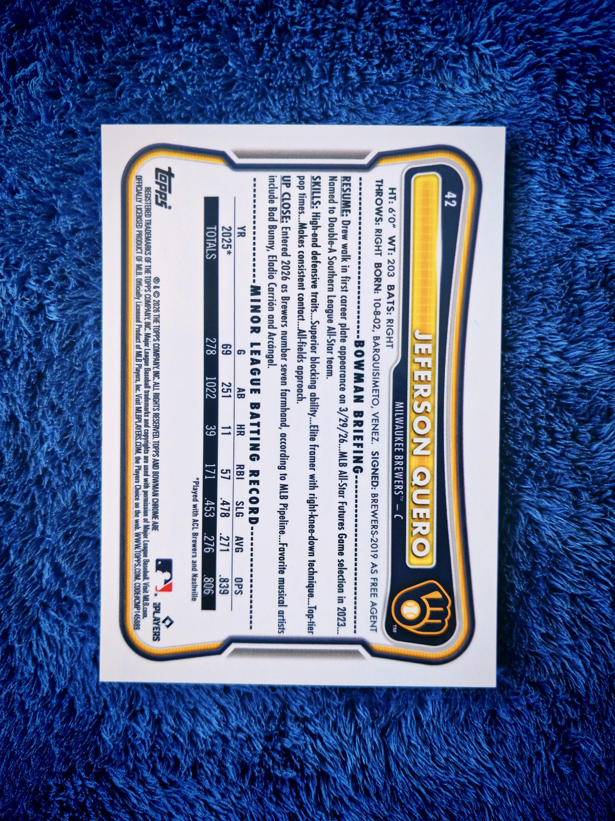 2026 Topps Bowman Chrome RC JEFERSON QUERO Red 2/5 Refractor Brewers FX31 view 2