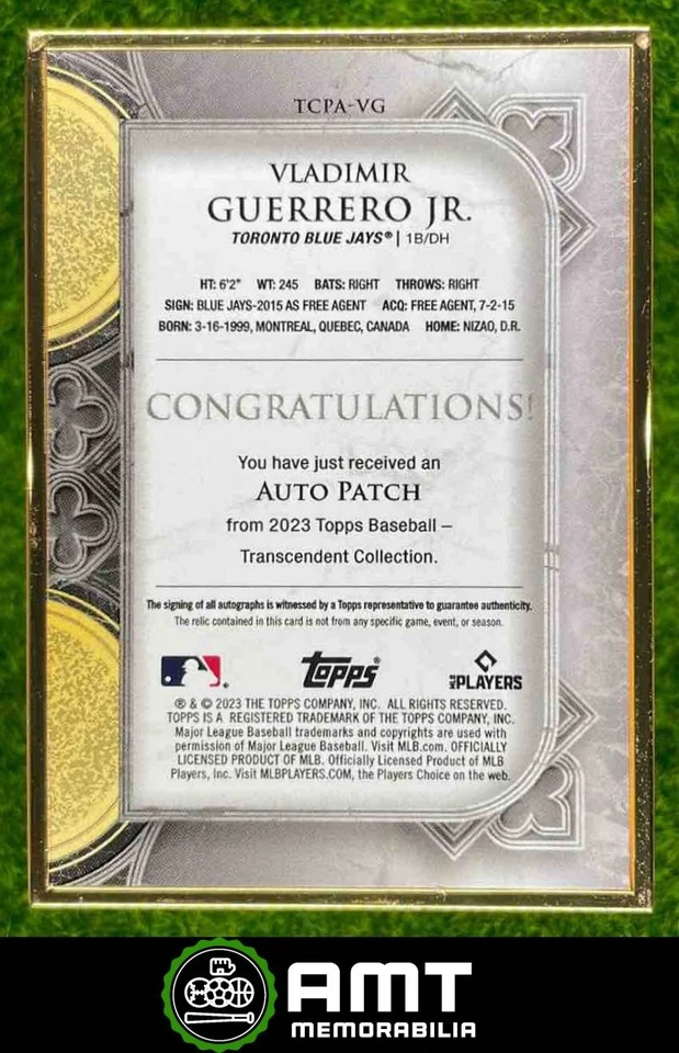 2023 Topps Transcendent TCPA-VG Vladimir Guerrero Jr. Patch Auto Blue 5//10 - Image 2 of 3