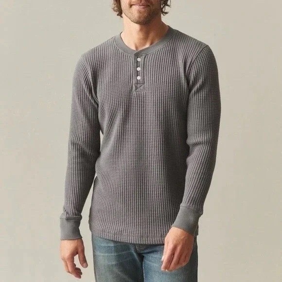 American Giant T-Shirt Men Large Gray Cotton Stretch Waffle Knit Henley Neck
