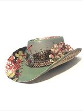 Tazzles 1of1 Womens Custom Cowboy Hat-Green Faux Leather, Alligator, Flower.