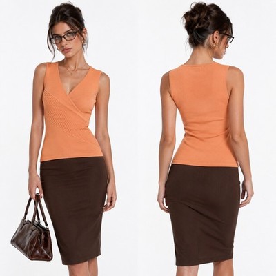 Y2K Cache Silk Blend Wrap Top Womens M Peach Orange V-Neck Minimalist Indie Chic