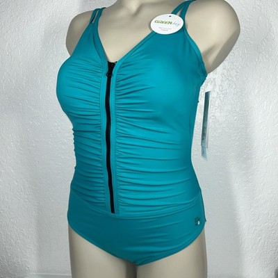 Sunflair One Piece Swimsuit 10E Turquoise Padding Front Zip Resort Vacat Beach
