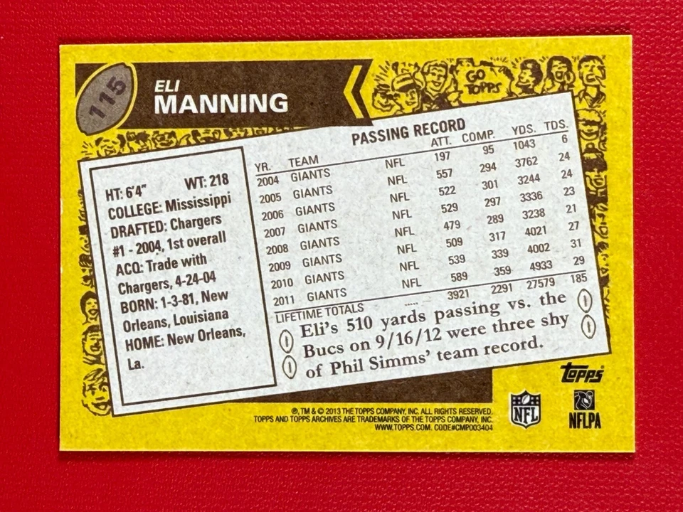2013 Topps Archives - Eli Manning #115 - Image 2 of 2