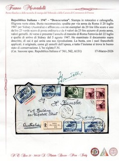 1947 20 LUGLIO AEROGRAMMA RACCOMANDATO DA ROMA X SIDNEY (AUSTRALIA)