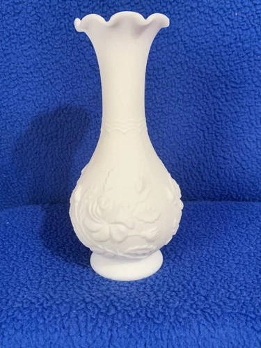 Vintage Imperial Milk Glass Bud Vase Embossed Roses Ruffled Fluted Rim 6.25"