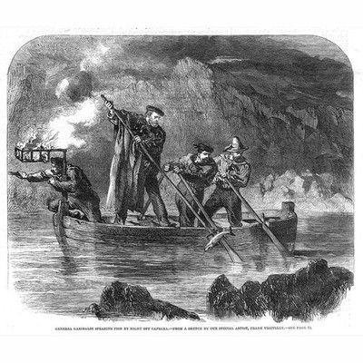 ITALIEN General Garibaldi Speerangeln vor Caprera bei Nacht - Antikdruck 1861