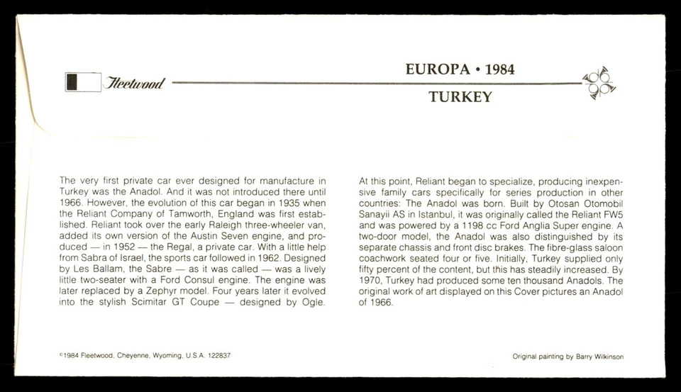 Mayfairstamps Turkey FDC 1984 Bridge Europa 1966 Anadol Car First Day Cover aau_ - Image 2 of 2