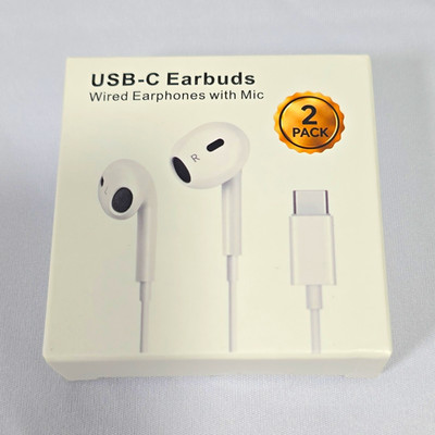 USB-C Wired In-Ear Earbuds with Built-in Mic, On-Cable Mic, 2 Pack White